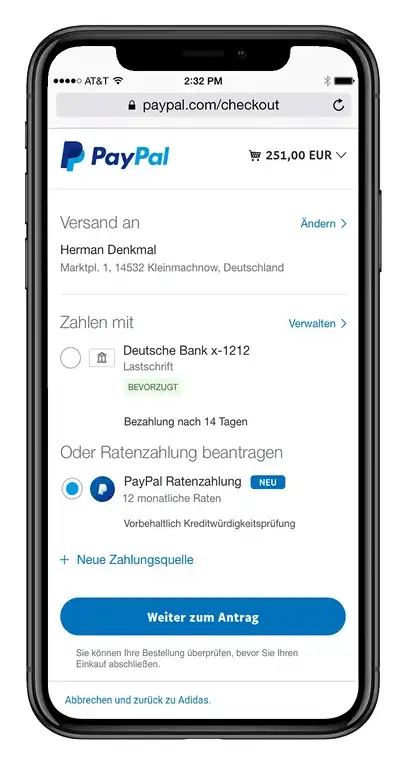 2. Prüfen Sie, ob PayPal Ratenzahlung in Ihrem PayPal-Konto als Zahlart verfügbar ist.