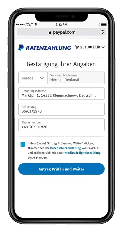 3. Wenn PayPal Ratenzahlung angezeigt wird: einfach auswählen, 3, 6, 12, oder 24 Monatsraten festlegen und bestätigen.